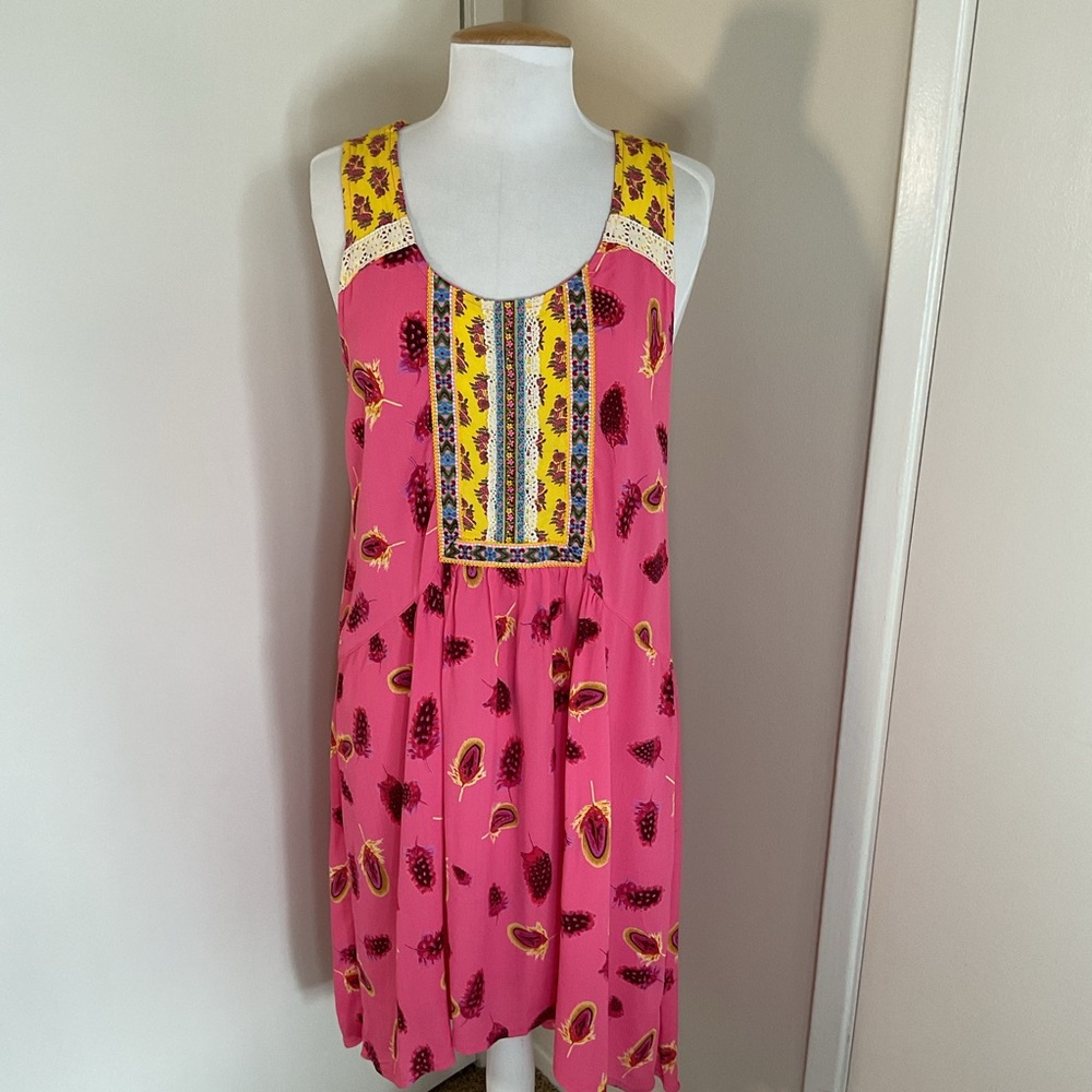 Uncle Frank Pink Yellow Floral Midi Dress Small Lace Trim High Low Hem Boho Chic - Picture 2 of 7